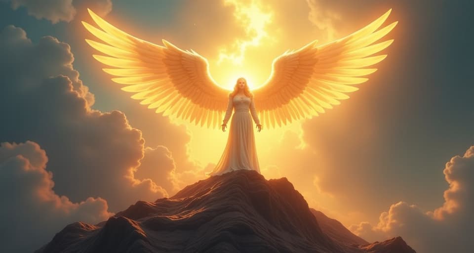  a powerful angel with glowing wings standing atop a celestial hill, surrounded by beams of bright, suffocating light. intense atmosphere, overwhelming responsibility.. the style is digital art illustration,highly detailed, whimsical,magical, dreamlike atmosphere, realism and fantasy blend, smooth, glossy textures,luminous quality, wonder and enchantment.