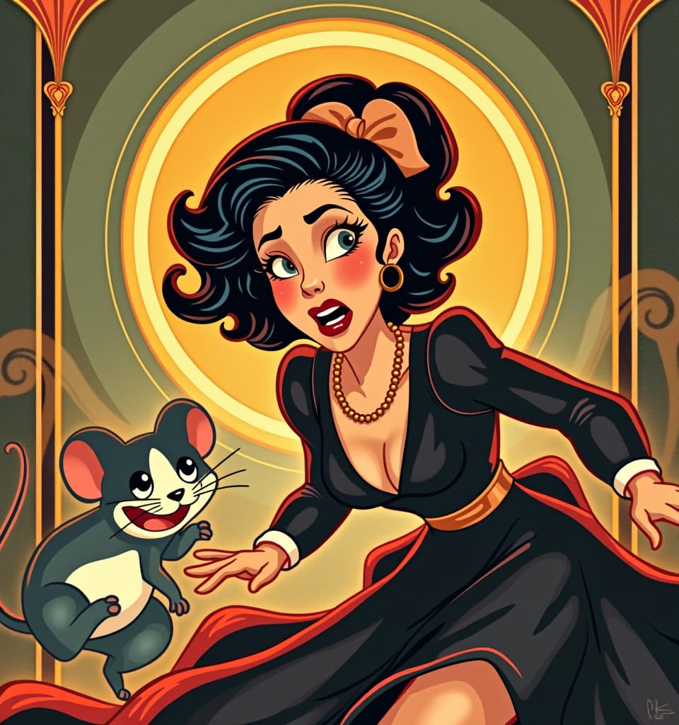  art deco style a humorous illustration depicting a very frightened woman being chased by a mouse while a cat laughs in the background. exaggerated expressions and movements, bright colors, cartoon style. . geometric shapes, bold colors, luxurious, elegant, decorative, symmetrical, ornate, detailed hyperrealistic, full body, detailed clothing, highly detailed, cinematic lighting, stunningly beautiful, intricate, sharp focus, f/1. 8, 85mm, (centered image composition), (professionally color graded), ((bright soft diffused light)), volumetric fog, trending on instagram, trending on tumblr, HDR 4K, 8K