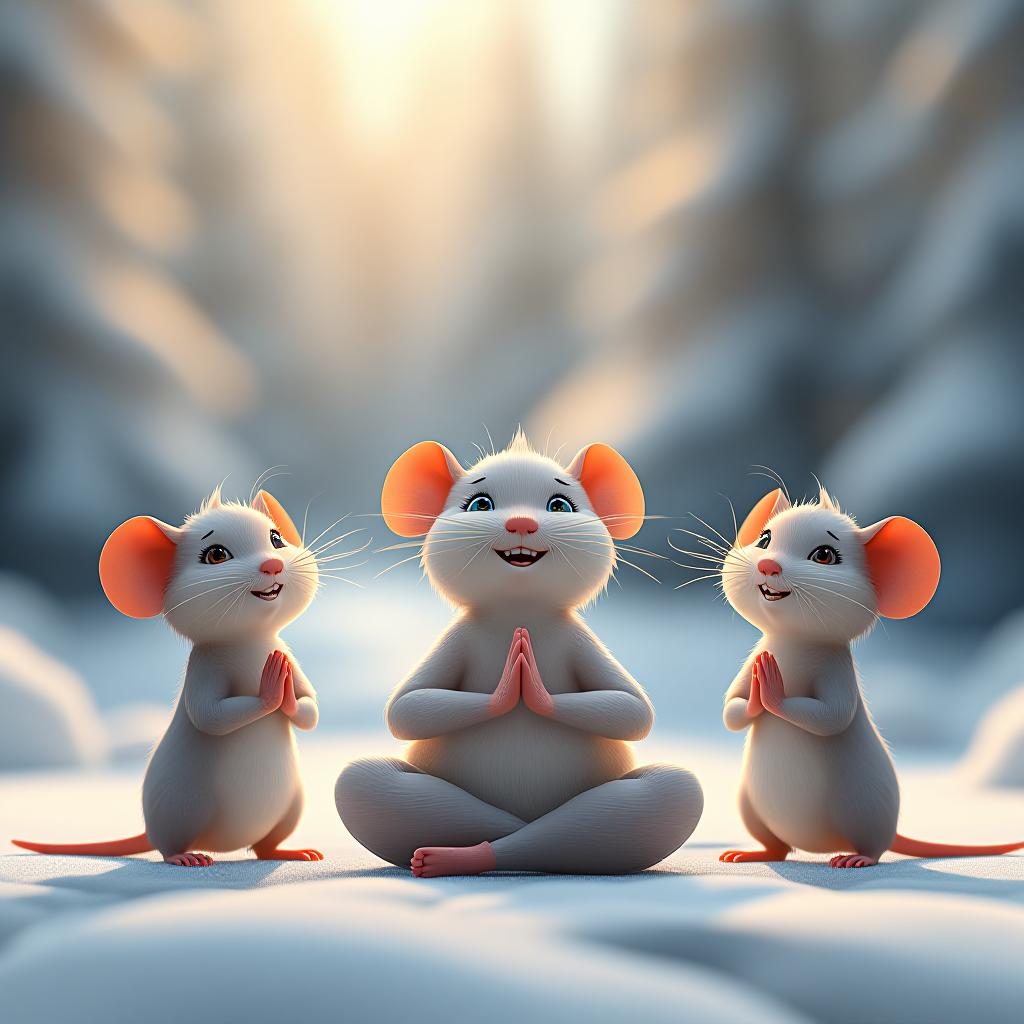  3d joyful friendly cartoon mice on a snowy white canvanamaste yoga meditation by man in white., high quality, high details, hd, perfect composition, 4k epic detailed, highly detailed, sharp focus, high resolution