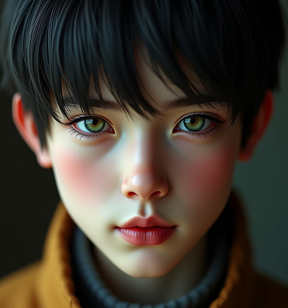  a young man of 13 years with milk and white skin, thin eyebrows, flat nose and bright green eyes. black hair, straight hair, covering the right part of the forehead and two long hanging faces on both sides. hyperrealistic, full body, detailed clothing, highly detailed, cinematic lighting, stunningly beautiful, intricate, sharp focus, f/1. 8, 85mm, (centered image composition), (professionally color graded), ((bright soft diffused light)), volumetric fog, trending on instagram, trending on tumblr, HDR 4K, 8K