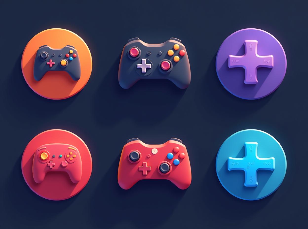  create a set of colorful, modern icons representing various gaming features. the icons should include: 1) a joystick or puzzle piece for 'wide game selection', high quality, high details, hd, perfect composition, 4k epic detailed, highly detailed, sharp focus, high resolution