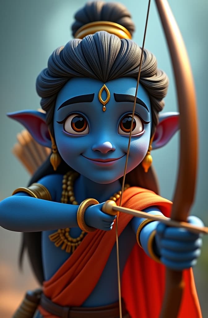  blue skinned lord rama with bow and arrow , disney pixar poster, pixar movie style, animated disney cartoon face, disney face, portrait, cute face, round face, cartoon character, disney character, disney animated movies, disney pixar hyperrealistic, full body, detailed clothing, highly detailed, cinematic lighting, stunningly beautiful, intricate, sharp focus, f/1. 8, 85mm, (centered image composition), (professionally color graded), ((bright soft diffused light)), volumetric fog, trending on instagram, trending on tumblr, HDR 4K, 8K