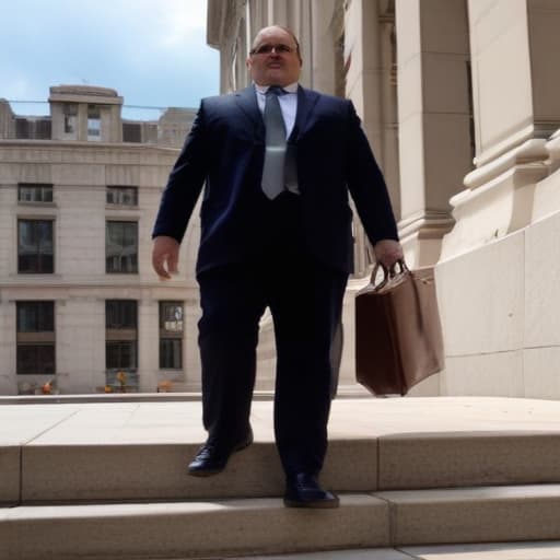 A panoramic 8K photo of a white fat bureaucrat who is trying to go up the wide stairs of the New York County Courthouse in a tutu and with a leather briefcase under his arm in a hurry, he weighs approximately 330 pounds, the top of his hair is gone and the sides are white, he is tall, his and upper body are fat and wide, his are very , he has a round smooth face and non-beard