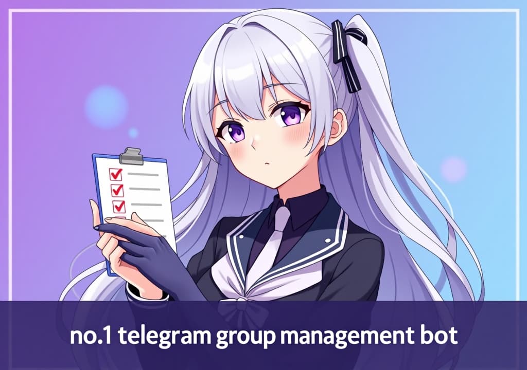  good quality, high quality, a profile picture for a telegram group management bot featuring emilia from re:zero. emilia is depicted with her silver hair and purple eyes, holding a stylized clipboard with a checklist. the background is a soft gradient of purple and blue, symbolizing efficiency and organization. the bottom features a banner poster design with the text "no.1 telegram group management bot " in clean, anime sytle font