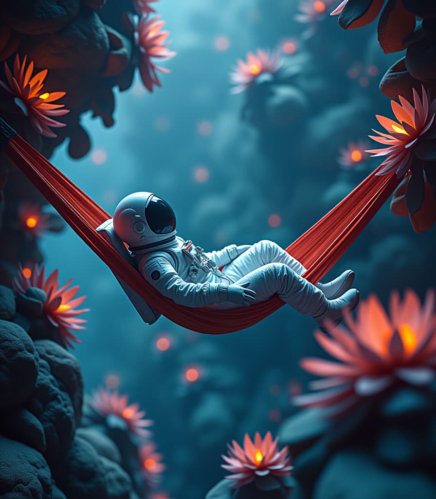  cinematic photo fine art photography 8k, photorealistic. an astronaut dressed in a white spacesuit rests in a hammock suspended over the abyss of space. in the frame of bizarre alien flora, intricate shapes, phosphorescence, weightlessness textures, glowing cosmic dust in the atmosphere. the background is done in shades of blue and black, highlighting the vibrant colors of the flora in the foreground. digital painting permeated with dramatic lighting, surreal aesthetics. the overall composition is balanced and harmonious, with a serene and calm atmosphere. masterpiece, award winning photography, ultra detailed, . 35mm photograph, film, bokeh, professional, 4k, highly detailed hyperrealistic, full body, detailed clothing, highly detailed, cinematic lighting, stunningly beautiful, intricate, sharp focus, f/1. 8, 85mm, (centered image composition), (professionally color graded), ((bright soft diffused light)), volumetric fog, trending on instagram, trending on tumblr, HDR 4K, 8K