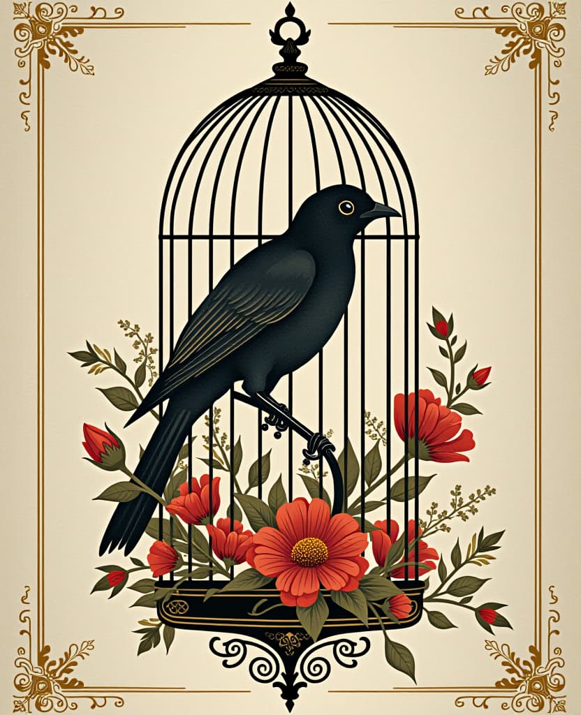  typographic art digital image with double exposure and overlay of layers and textures. thin lines. vector art. (silhouette оne bird: 1.5). (bright coloured elements: 1,4). stylised image. hyperdetalisation. background: ((bird cage)). unusual shape. thin frame with vines and flowers. in the style of a victorian postcard by sarah kay. swirl of baroque and rococo, noir, art deco, modern, zentangle, in the manner of mucha, klimt, aubrey beardsley, roman tyrtov. highly detailed. . stylized, intricate, detailed, artistic, text based hyperrealistic, full body, detailed clothing, highly detailed, cinematic lighting, stunningly beautiful, intricate, sharp focus, f/1. 8, 85mm, (centered image composition), (professionally color graded), ((bright soft diffused light)), volumetric fog, trending on instagram, trending on tumblr, HDR 4K, 8K