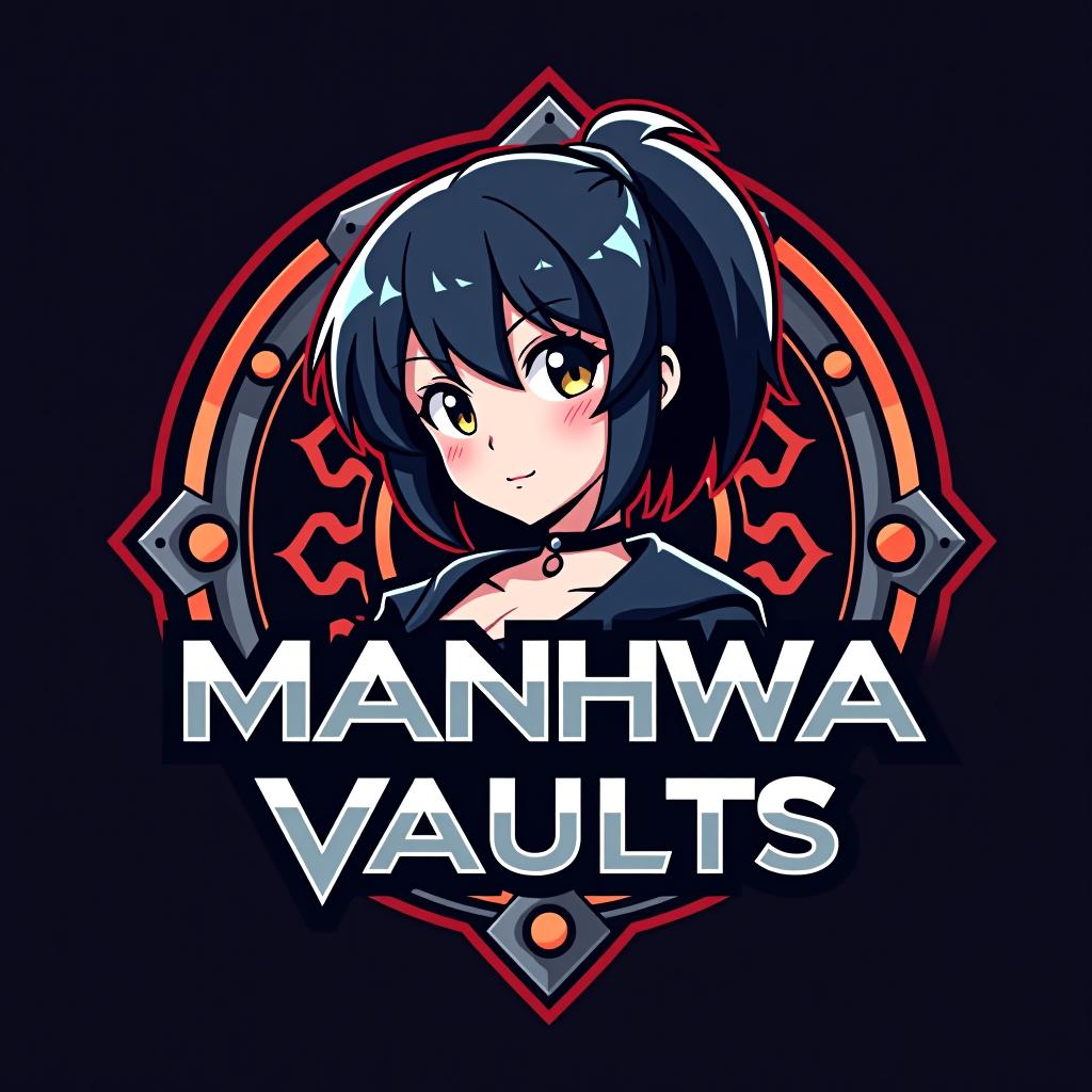  good quality, high quality, "manhwa vaults" logo design, incorporating a manga style hot with expressive eyes and detailed hair, positioned beside the text. the is dressed in a modern, edgy outfit, adding flair to the design. the font is sleek and angular, with metallic accents to emphasize the "vault" concept.