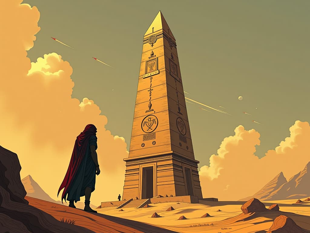  ancient obelisk, etched with tales of triumph, standing tall amidst the desert, testament to adaptability and resilience. the style is digital art illustration / modern comic book / mysterious occult, symbolic, esoteric vibe,high detail on character design, incorporating ancient egyptian symbology and attire.