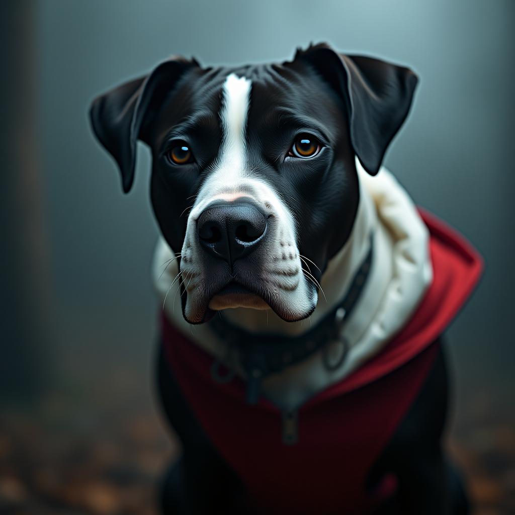  american pitbull with small black and white spots. hyperrealistic, full body, detailed clothing, highly detailed, cinematic lighting, stunningly beautiful, intricate, sharp focus, f/1. 8, 85mm, (centered image composition), (professionally color graded), ((bright soft diffused light)), volumetric fog, trending on instagram, trending on tumblr, HDR 4K, 8K