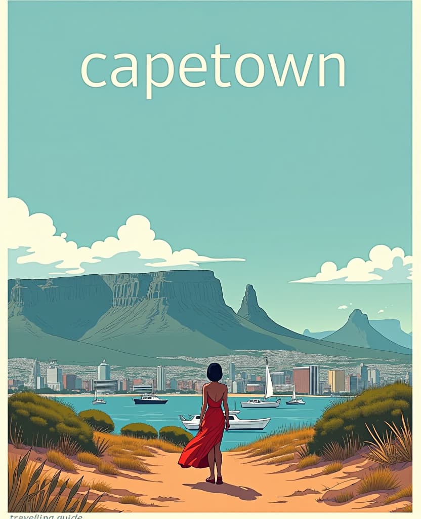  minimalist style a comic book cover for a south africa travel guide capetown landscape the title of the comic has the text "capetown" at the top of the page. at the bottom of the page it says "travelling guide" . simple, clean, uncluttered, modern, elegant hyperrealistic, full body, detailed clothing, highly detailed, cinematic lighting, stunningly beautiful, intricate, sharp focus, f/1. 8, 85mm, (centered image composition), (professionally color graded), ((bright soft diffused light)), volumetric fog, trending on instagram, trending on tumblr, HDR 4K, 8K