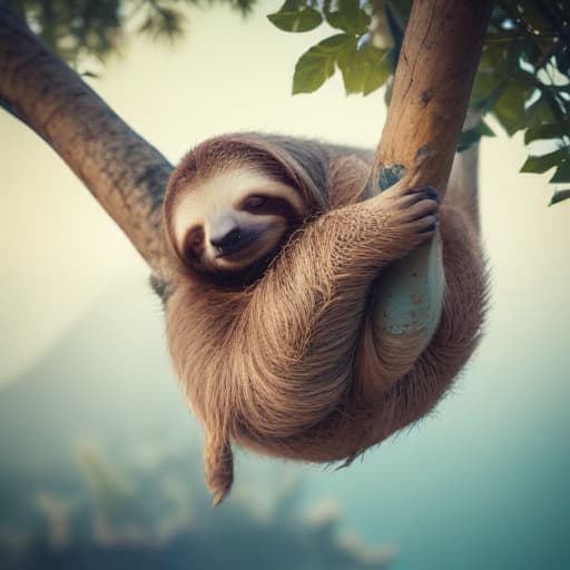 A sleepy sloth hanging from a fantastical, abstract tree branch. in Macro Photography style with Oceans background