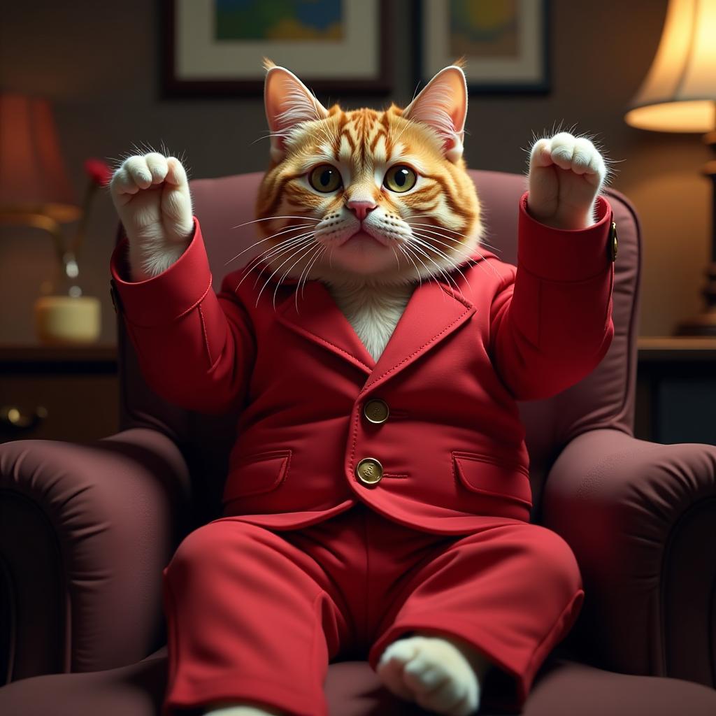  a cat is sitting on a chair, wearing a red padded suit, raising his hands and saying hi, background found hyperrealistic, full body, detailed clothing, highly detailed, cinematic lighting, stunningly beautiful, intricate, sharp focus, f/1. 8, 85mm, (centered image composition), (professionally color graded), ((bright soft diffused light)), volumetric fog, trending on instagram, trending on tumblr, HDR 4K, 8K