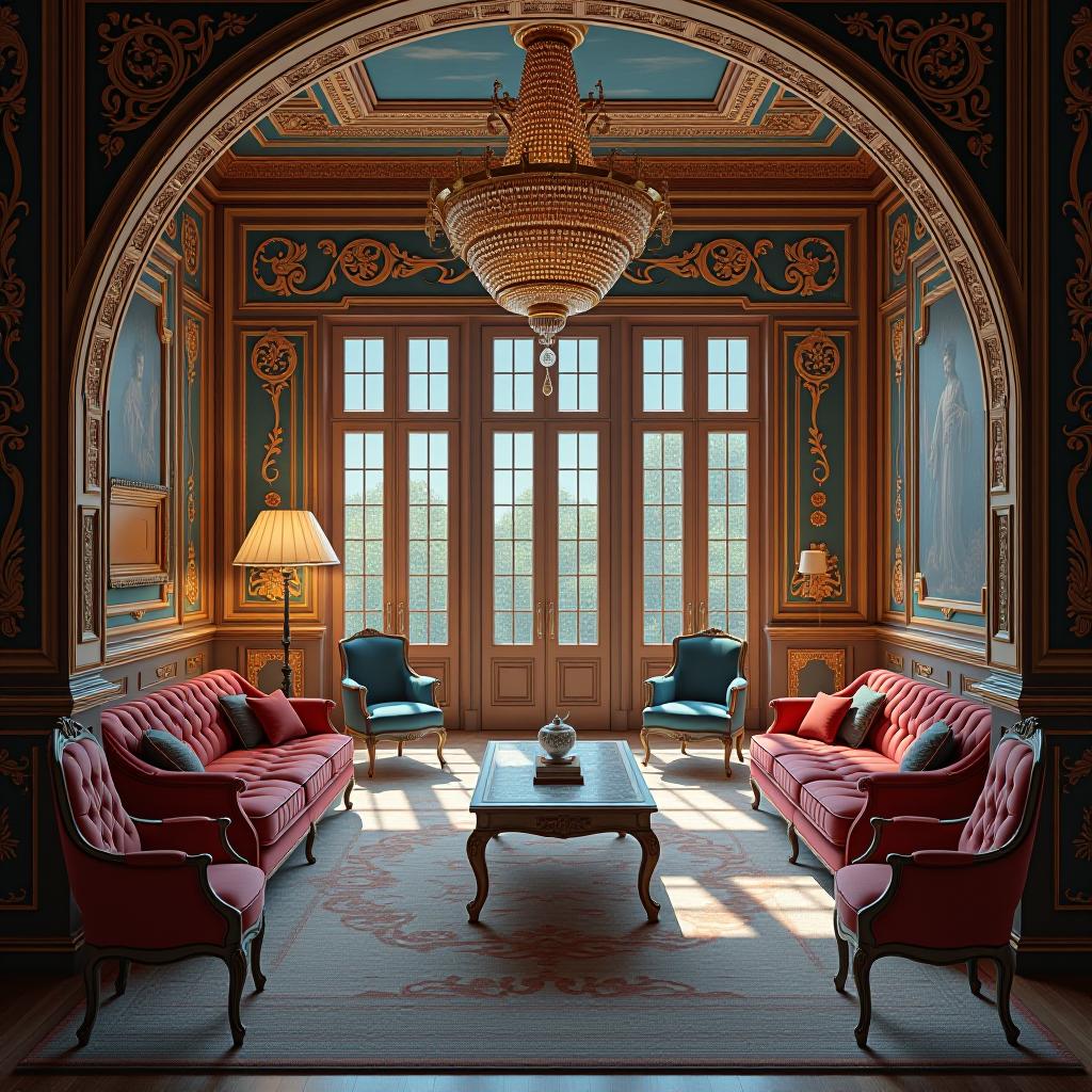  this is a stunningly beautiful, hyperrealistic 8k photograph, unedited and captured in raw format. it features a professionally color graded scene with intricate, dense furnishings and decorations, illuminated by bright, soft, diffused light. the image showcases sharp focus, highly detailed elements, and is characterized by its symmetrical balance and hdr enhancement, presenting a visual feast that is both intricate and strikingly vivid.