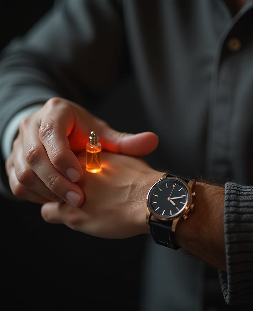  hdr photo of man demonstration of the application process on the wrist with a small perfume, hands, it is convenient to use our product . high dynamic range, vivid, rich details, clear shadows and highlights, realistic, intense, enhanced contrast, highly detailed