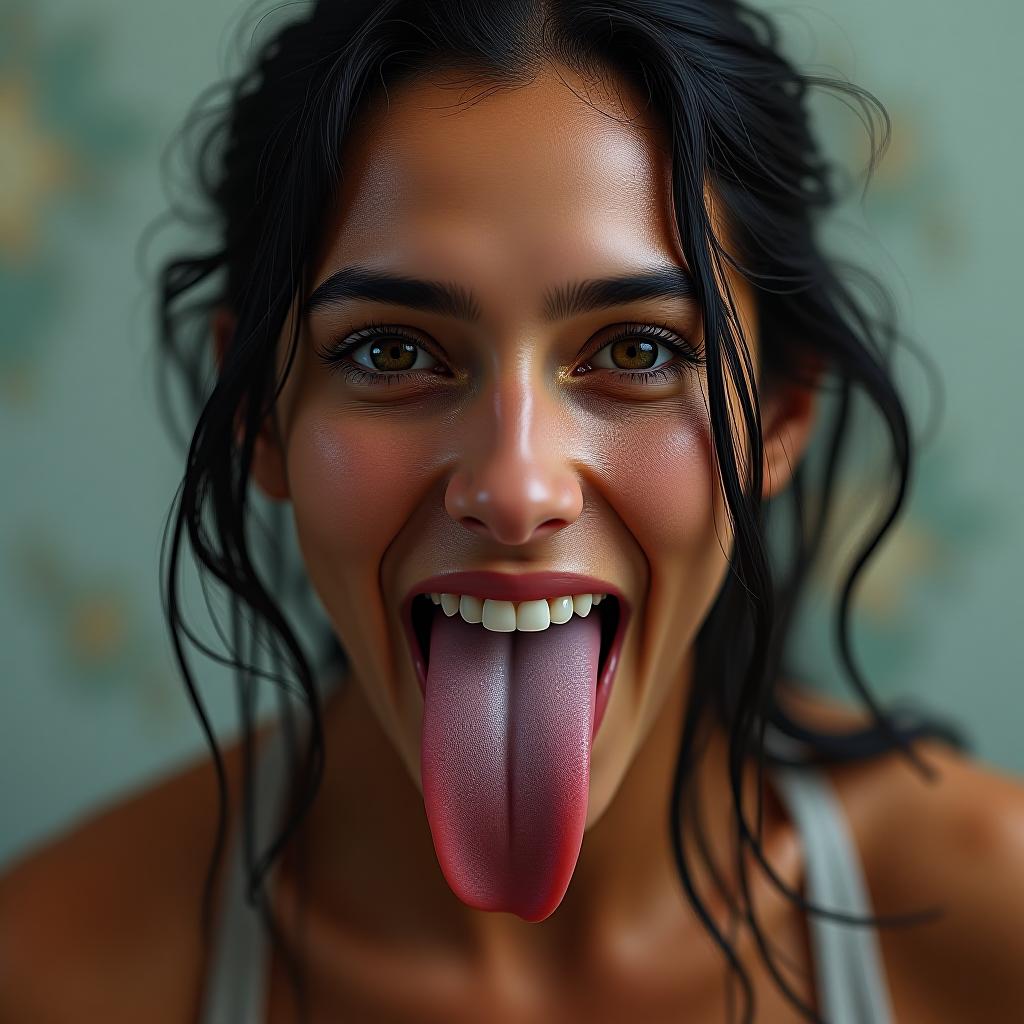  beautiful gal gadot sticking her large flat tongue fully out, sweating a lot, and visible photo realistic, highly intricate and detailed, masterpiece, ultra high res,photography,8k resolution