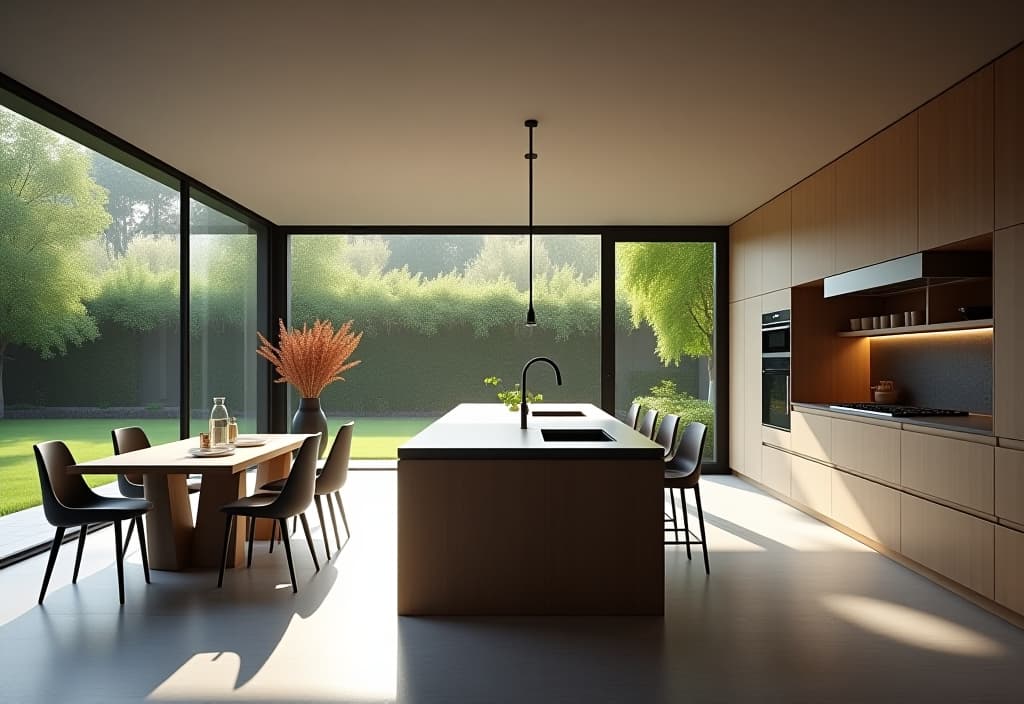  a landscape photo of a sleek, open concept contemporary kitchen with a large island, minimalist cabinetry, and floor to ceiling windows overlooking a lush garden hyperrealistic, full body, detailed clothing, highly detailed, cinematic lighting, stunningly beautiful, intricate, sharp focus, f/1. 8, 85mm, (centered image composition), (professionally color graded), ((bright soft diffused light)), volumetric fog, trending on instagram, trending on tumblr, HDR 4K, 8K