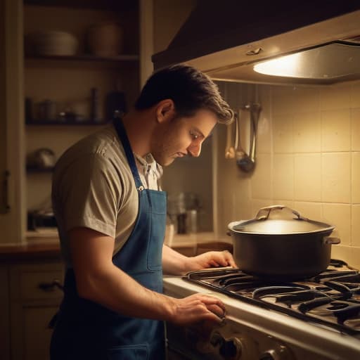 A photo of a skilled appliance repair technician meticulously fine-tuning the inner workings of a vintage oven in a dimly lit, cozy kitchen during the early evening. The warm glow of a single overhead pendant light casts long shadows on the technician's tools and adds a touch of nostalgia to the scene, emphasizing the dedication and precision required in the intricate task of appliance maintenance.