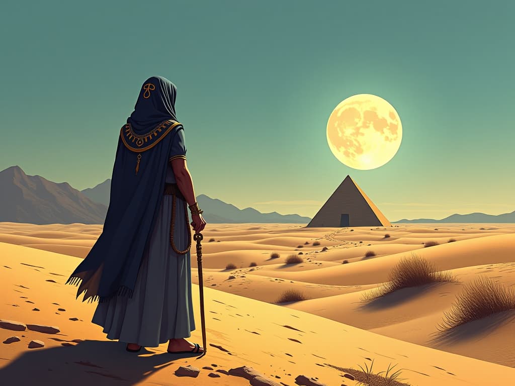  a serene desert landscape, with a lone hermitage in the distance, symbolizing union with the divine in seclusion. the style is digital art illustration / modern comic book / mysterious occult, symbolic, esoteric vibe,high detail on character design, incorporating ancient egyptian symbology and attire.