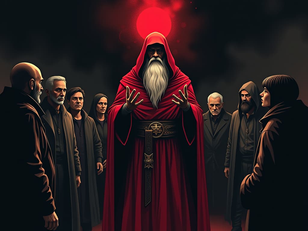  wise elder in red cloak, speaking to a group of attentive listeners, sense of community inspiration. the style is digital art illustration / modern comic book / graphic dark novel fantasy and mysterious occult, symbolic, moody lighting, esoteric vibe,high detail on character design. for the color scheme emphasize blacks and reds.