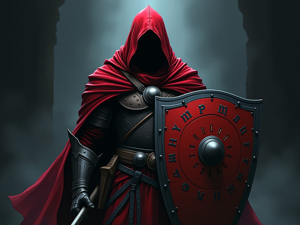  ancient warrior in red armor, holding a shield engraved with protective runes, standing amidst dark shadows, mood of vigilance. the style is digital art illustration / modern comic book / graphic dark novel fantasy and mysterious occult, symbolic, moody lighting, esoteric vibe,high detail on character design. for the color scheme emphasize blacks and reds.