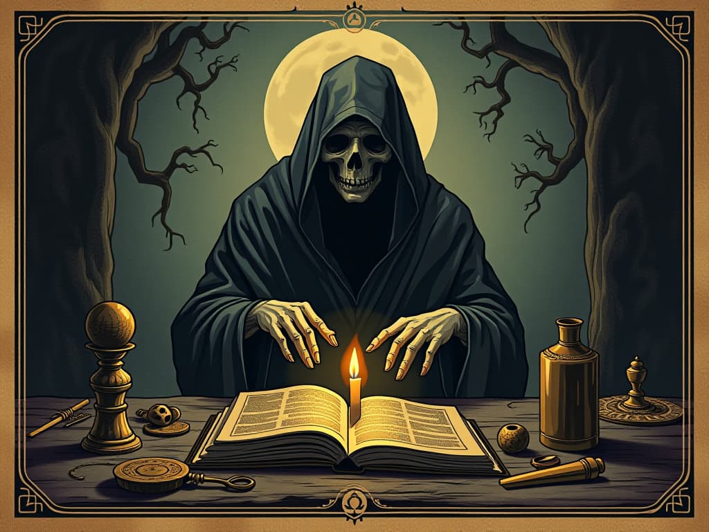  mysterious ancient artifacts emitting a dark aura, legends and calamity, cursed past, heavy shadows. an illustration in the style of a worn, mystical old tarot trump card, mysterious and elements of surrealism. the colors are muted, somber and eerie, but with contrast bring out an occult and esoteric vibe.