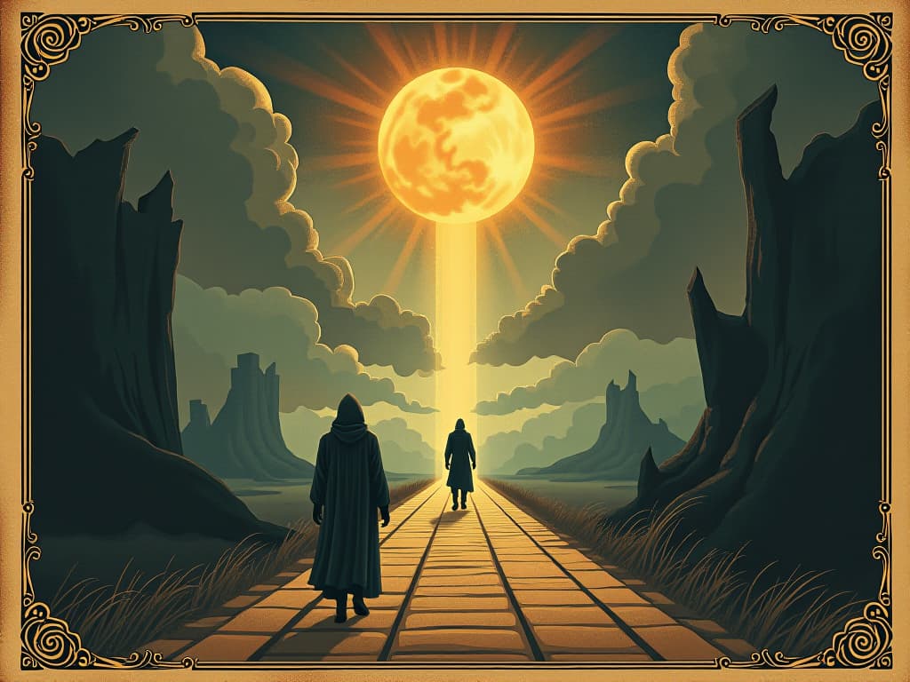  destined path revealed, luminous and surreal path, figures stepping forward with confidence, transcendent and aspirational journey. an illustration in the style of a worn, mystical old tarot trump card, mysterious and elements of surrealism. the colors are muted, somber and eerie, but with contrast bring out an occult and esoteric vibe.