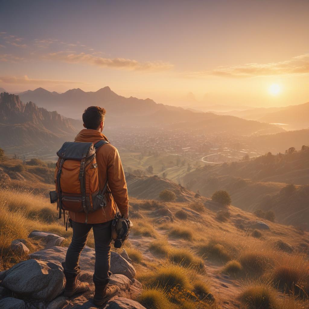 A serene traveler stands atop a hill, overlooking a vast landscape at sunset. Backpack slung over one shoulder, they gaze into the distance, a map in hand. The golden light casts a warm glow, symbolizing the freedom and adventure of solo travel.ultra-detailed, 4k hyperrealistic, full body, detailed clothing, highly detailed, cinematic lighting, stunningly beautiful, intricate, sharp focus, f/1. 8, 85mm, (centered image composition), (professionally color graded), ((bright soft diffused light)), volumetric fog, trending on instagram, trending on tumblr, HDR 4K, 8K