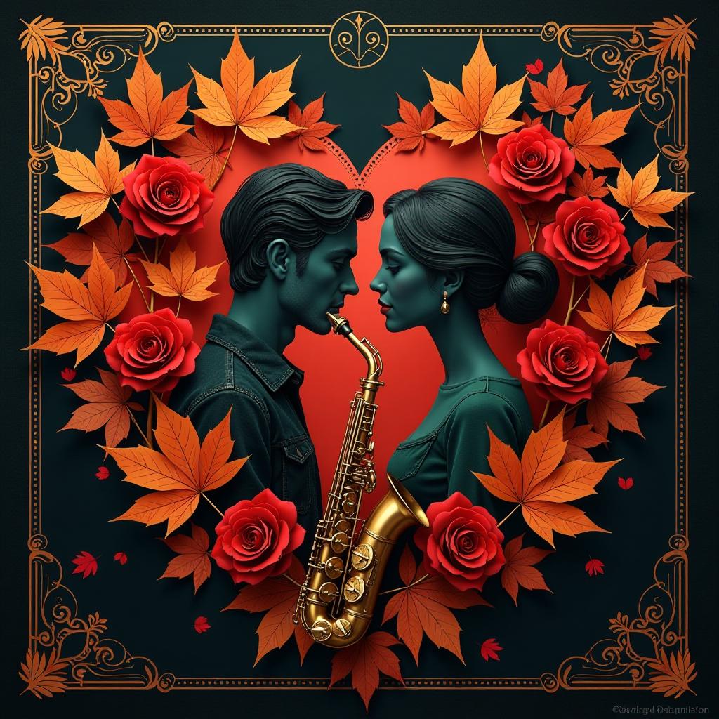  (postcard background):falling autumn leaves, red roses, saxophone, satin ribbon, vintage, greeting card. autumn in the heart, beautiful couple, two faces in profile, heart scarlet rose (heart), beautiful figure of maple leaves outlines in the shape of a heart. (heart colour): background black pattern gold. (style):fantasy, autumn art, romance of autumn. (colours):gold, green gold, dark blue, red, red gold, brown gold, silver, black gold, bluish blue.