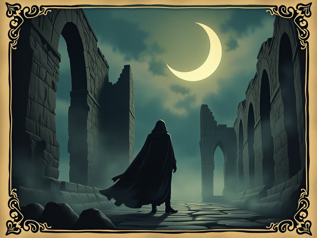  a figure in dark cloak, ancient stone ruins illuminated by a crescent moon, shadows stretch long, air filled with an eerie, otherworldly glow, hint of mist, atmosphere of tension and mystery, haunting, silent. an illustration in the style of a worn, mystical old tarot trump card, mysterious and elements of surrealism. the colors are muted, somber and eerie, but with contrast bring out an occult and esoteric vibe.