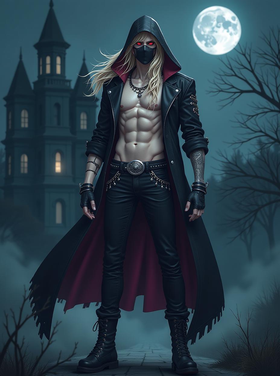  anime, anime sytle, anime image, cartoon, real cartoon, real anime, a guy in a long black jacket over his bare torso with a hood and rolled up sleeves stands at full height, pale skin, long blond hair, a black mask on his face, glowing red eyes, silver patterns on jacket, black studded jeans with zippers, black belt with a large iron buckle, black boots, black fingerless gloves, silver garters on the sleeves, a tattoo with patterns on his chest, sinewy build, haunted mansion in the background, ground fog, moon in the night sky, vampire theme.