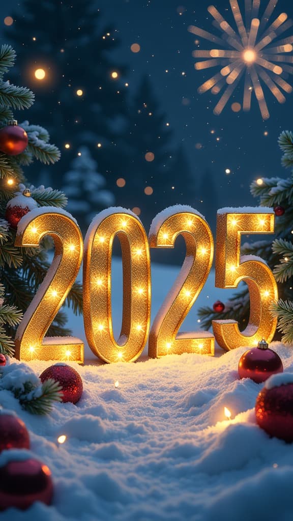  "a festive new year's postcard design for 2025, with large, bold '2025' numbers in shimmering gold or silver, styled with a winter holiday theme. the numbers are decorated with frosty textures, snowflakes, and twinkling lights. surround the numbers with traditional new year elements: pine branches, ornaments, and subtle touches of glitter. in the background, soft snow gently falling against a night sky with a warm glow from fireworks or lanterns. add festive accents like a ribbon or stars, and ensure there's space for a holiday greeting message at the top or bottom. the overall feel should be elegant, warm, and celebratory, reflecting the joy of the new year." ar 9:16 {prompt}, maximum details