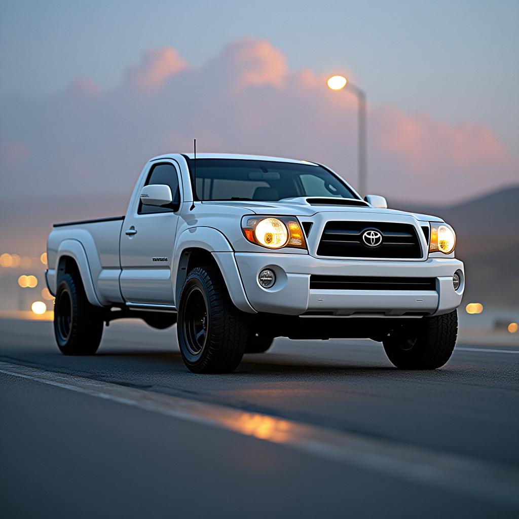  cinematic photo 2008 toyota tacoma, new, stanced, trd, lowered, racing, race truck, detailed, 8k, white,single cab, 17x12 wheels, wide body, light weight, body kit, negative camber, rollcage,. 35mm photograph, film, bokeh, professional, 4k, highly detailed