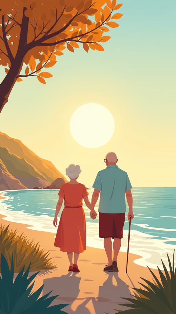  flat illustration, flaticon, (illustration:1.15), making magic: front view, grandma and grandpa walking near the sea, evening sunlight ar 9:16 ar 9:16, [cory loftis, strobist, pascal campion :: 0.2]