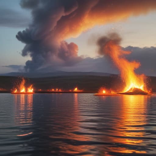 Fire physically on the water with land and sky behind