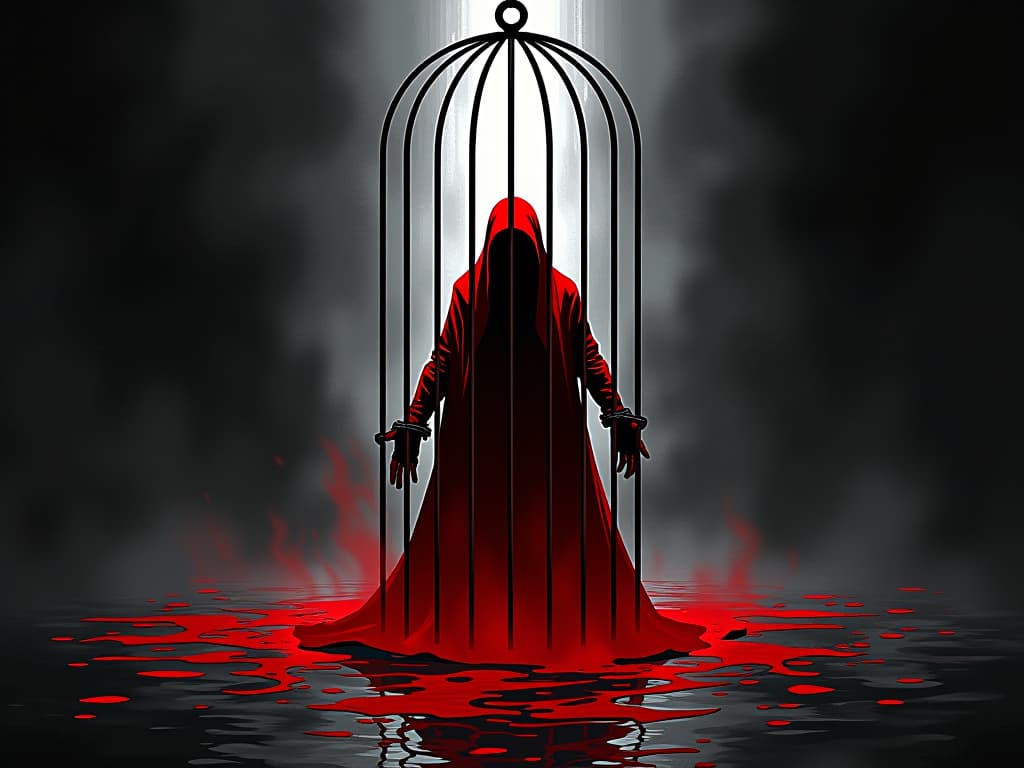  figure in red shackled within a cage of light, struggling to break free, aura of entrapment. the style is digital art illustration / modern comic book / graphic dark novel fantasy and mysterious occult, symbolic, moody lighting, esoteric vibe,high detail on character design. for the color scheme emphasize blacks and reds.