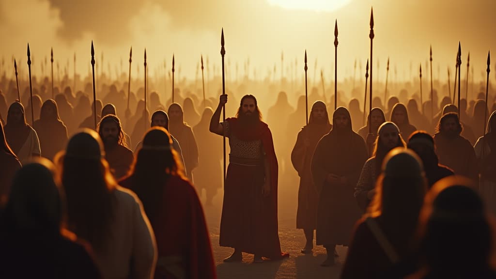  history of biblical times, a large crowd of warriors assembling around gideon, representing hope and newfound purpose. hyperrealistic, full body, detailed clothing, highly detailed, cinematic lighting, stunningly beautiful, intricate, sharp focus, f/1. 8, 85mm, (centered image composition), (professionally color graded), ((bright soft diffused light)), volumetric fog, trending on instagram, trending on tumblr, HDR 4K, 8K