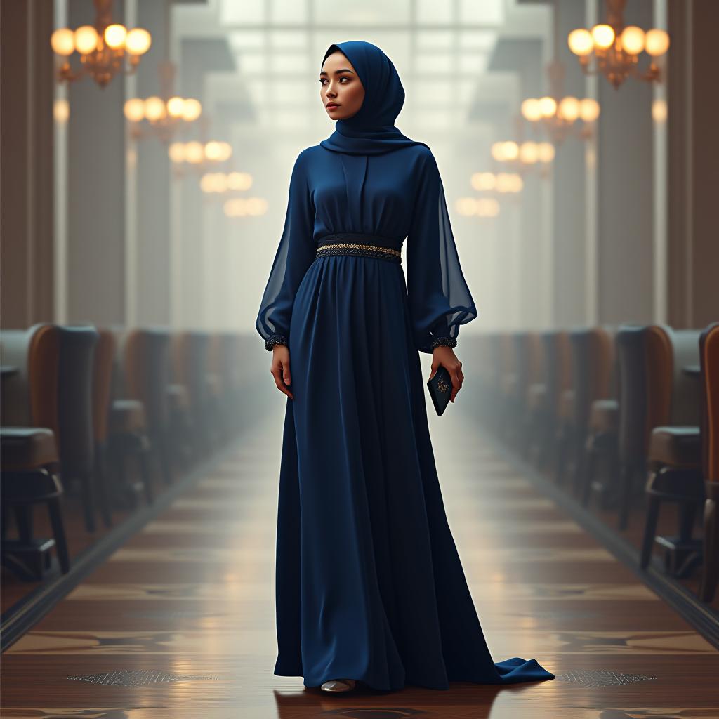  "design an elegant dinner party hijab outfit featuring a deep navy blue silk hijab, styled in a simple yet sophisticated drape around the head and shoulders. the outfit should include a floor length a line gown in matching navy blue with a cinched waist and subtle beadwork along the bodice. add long, sheer sleeves and a high slit. complete the look with strappy silver heels, a matching clutch, and diamond earrings for a refined evening appearance."  hyperrealistic, full body, detailed clothing, highly detailed, cinematic lighting, stunningly beautiful, intricate, sharp focus, f/1. 8, 85mm, (centered image composition), (professionally color graded), ((bright soft diffused light)), volumetric fog, trending on instagram, trending on tumblr, HDR 4K, 8K