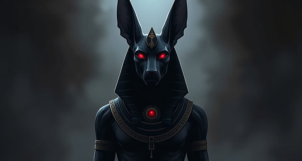  black anubis statue against dark backdrop, glowing red eyes, towering over, sense of fear and loss of control. the style is digital art illustration / modern comic book / mysterious occult, symbolic, esoteric vibe,high detail on character design, incorporating ancient egyptian symbology and attire.