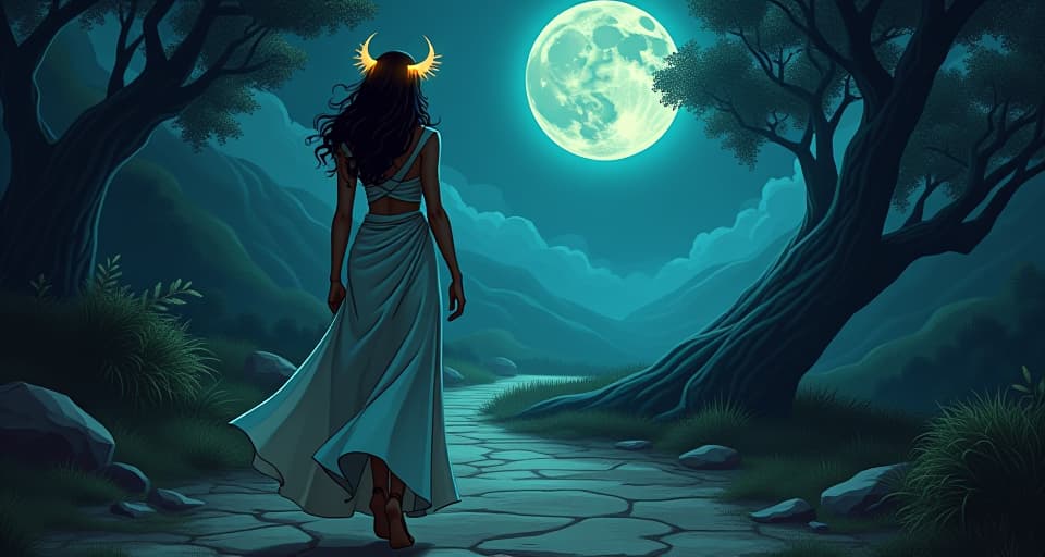  a winding, moonlit path, a large busted woman in an ephemeral, form fitting gown walking confidently, symbols of inner guidance and discovery glowing faintly along the way, aura of self direction. the style is digital art illustration / modern comic book / mysterious occult, symbolic, esoteric vibe,high detail on character design, incorporating ancient egyptian symbology and attire.