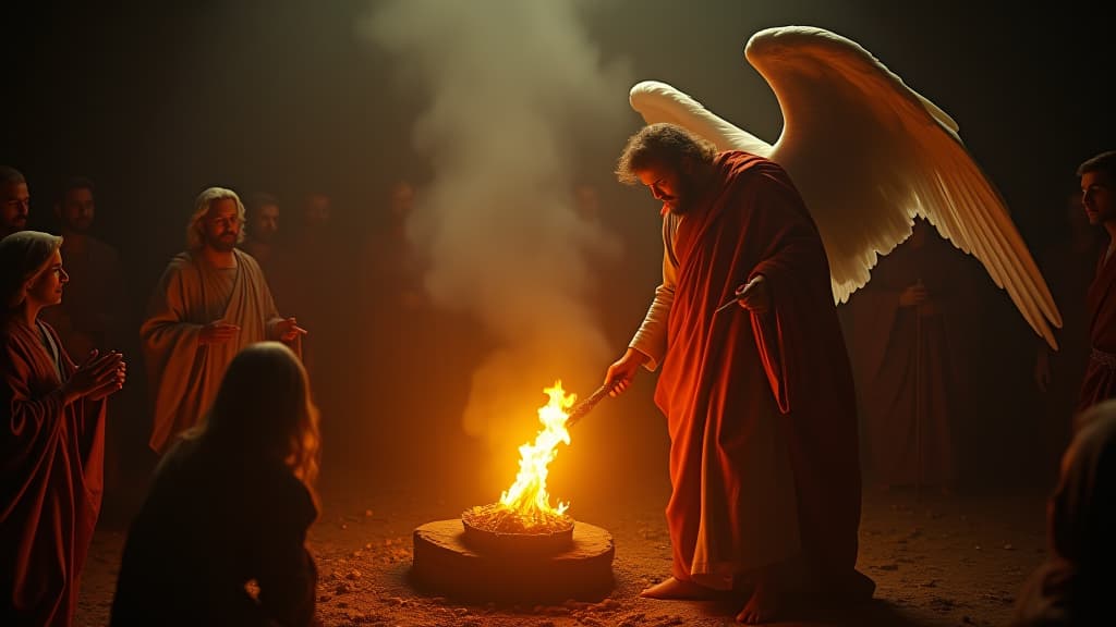  history of biblical times, the angel performing a miracle by setting fire to gideon's offering, casting a glow in the dim light. hyperrealistic, full body, detailed clothing, highly detailed, cinematic lighting, stunningly beautiful, intricate, sharp focus, f/1. 8, 85mm, (centered image composition), (professionally color graded), ((bright soft diffused light)), volumetric fog, trending on instagram, trending on tumblr, HDR 4K, 8K