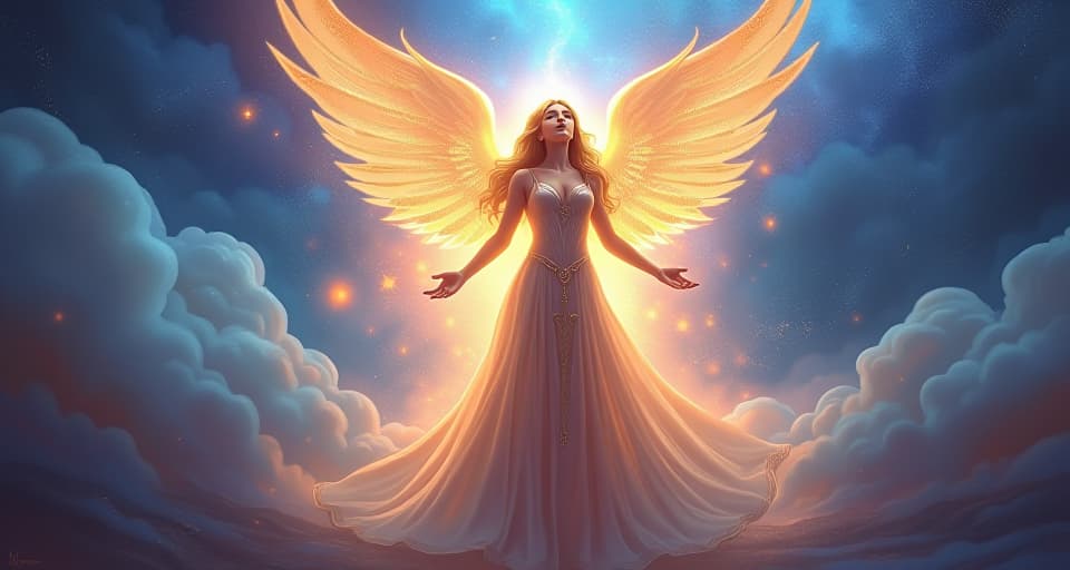  a radiant figure in mystical attire, glowing with celestial energy. the scene symbolizes the ethereal rise not only from labor but also from spiritual ascension.. the style is digital art illustration,highly detailed, whimsical,magical, dreamlike atmosphere, realism and fantasy blend, smooth, glossy textures,luminous quality, wonder and enchantment.