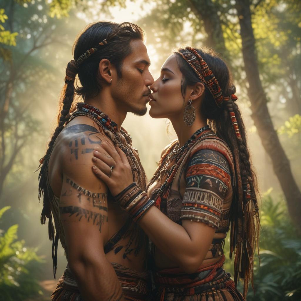 ((masterpiece)),(((best quality))), 8k, high detailed, ultra detailed, A tribe couple kiss in the face, tribal patterns on their clothing, traditional tribal jewelry, lush jungle background, warm sunlight filtering through the trees hyperrealistic, full body, detailed clothing, highly detailed, cinematic lighting, stunningly beautiful, intricate, sharp focus, f/1. 8, 85mm, (centered image composition), (professionally color graded), ((bright soft diffused light)), volumetric fog, trending on instagram, trending on tumblr, HDR 4K, 8K