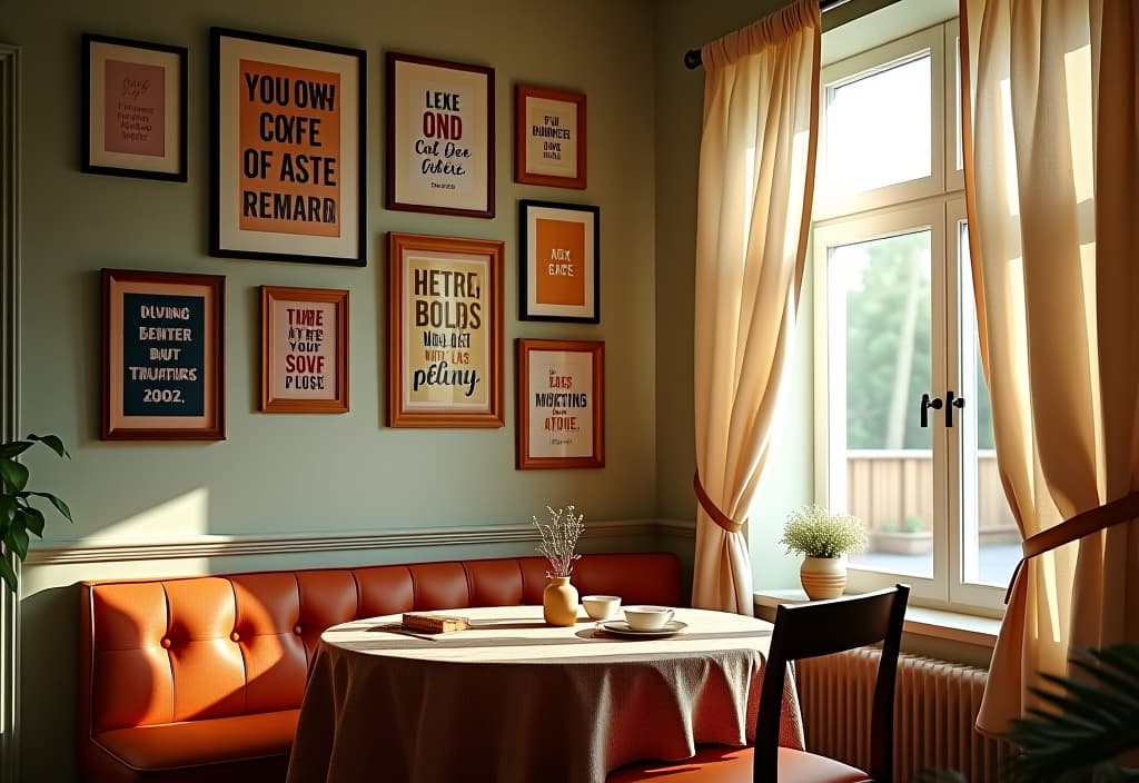  a landscape photo of a cozy breakfast nook with a gallery wall of various sized frames containing colorful, typographic inspirational quotes, next to a window with flowing curtains hyperrealistic, full body, detailed clothing, highly detailed, cinematic lighting, stunningly beautiful, intricate, sharp focus, f/1. 8, 85mm, (centered image composition), (professionally color graded), ((bright soft diffused light)), volumetric fog, trending on instagram, trending on tumblr, HDR 4K, 8K