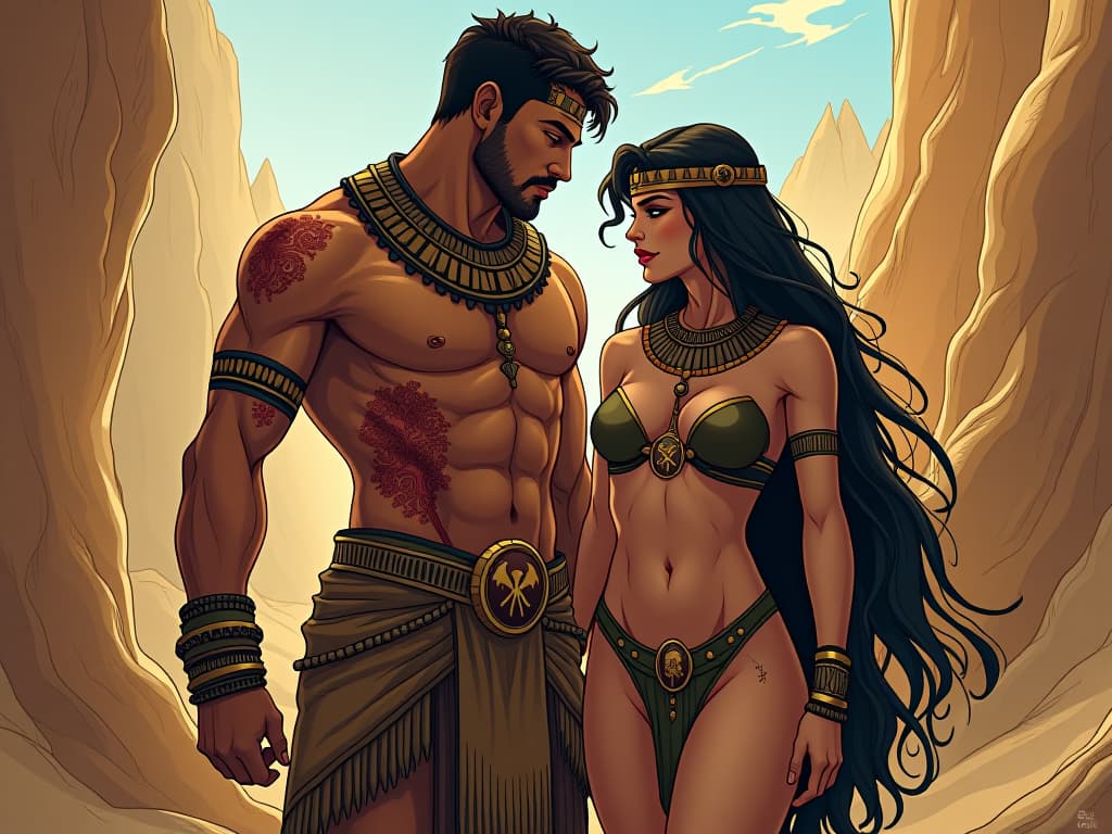  a muscular warrior bearing heavy burdens, scars all over his body, being drawn to a nurturing, large busted egyptian healer in form fitting attire, lush desert oasis setting. the style is digital art illustration / modern comic book / mysterious occult, symbolic, esoteric vibe,high detail on character design, incorporating ancient egyptian symbology and attire.