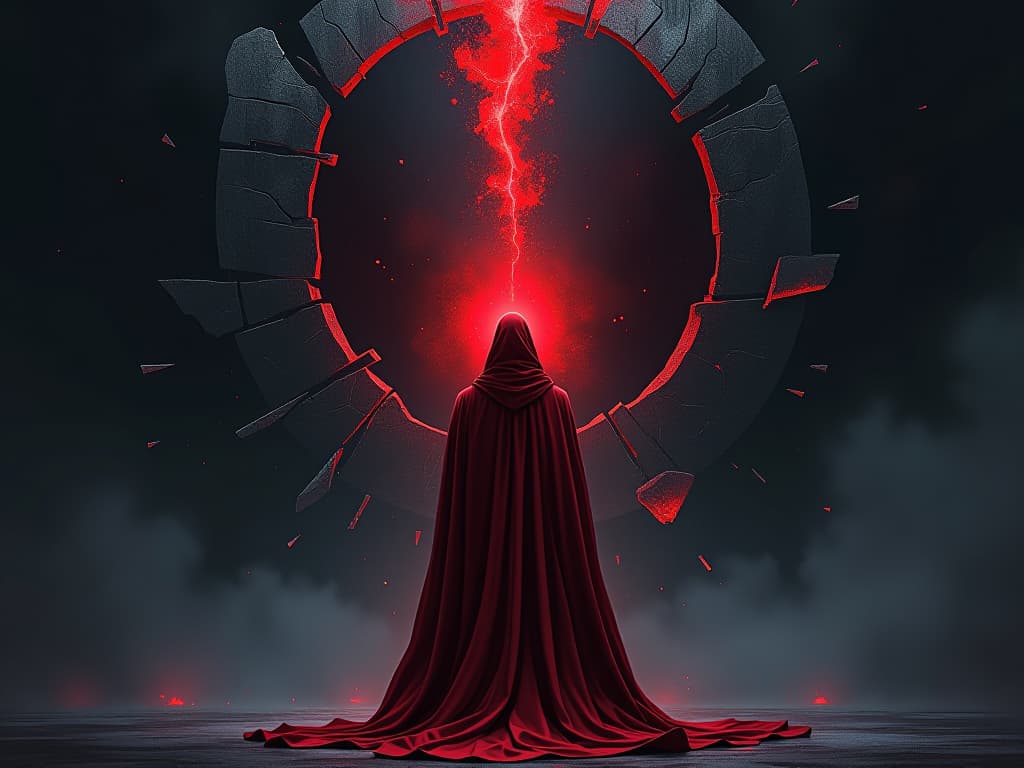  dark sorcerer in red robes, standing before a shattered mirror, aura of pain and revelation, broken shards reflecting turmoil. the style is digital art illustration / modern comic book / graphic dark novel fantasy and mysterious occult, symbolic, moody lighting, esoteric vibe,high detail on character design. for the color scheme emphasize blacks and reds.