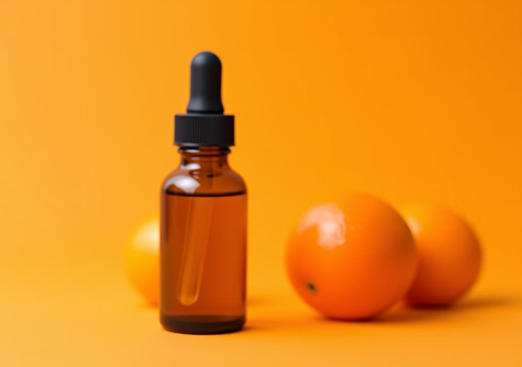  citrus essential oil in a glass bottle with dropper and orange on orange background