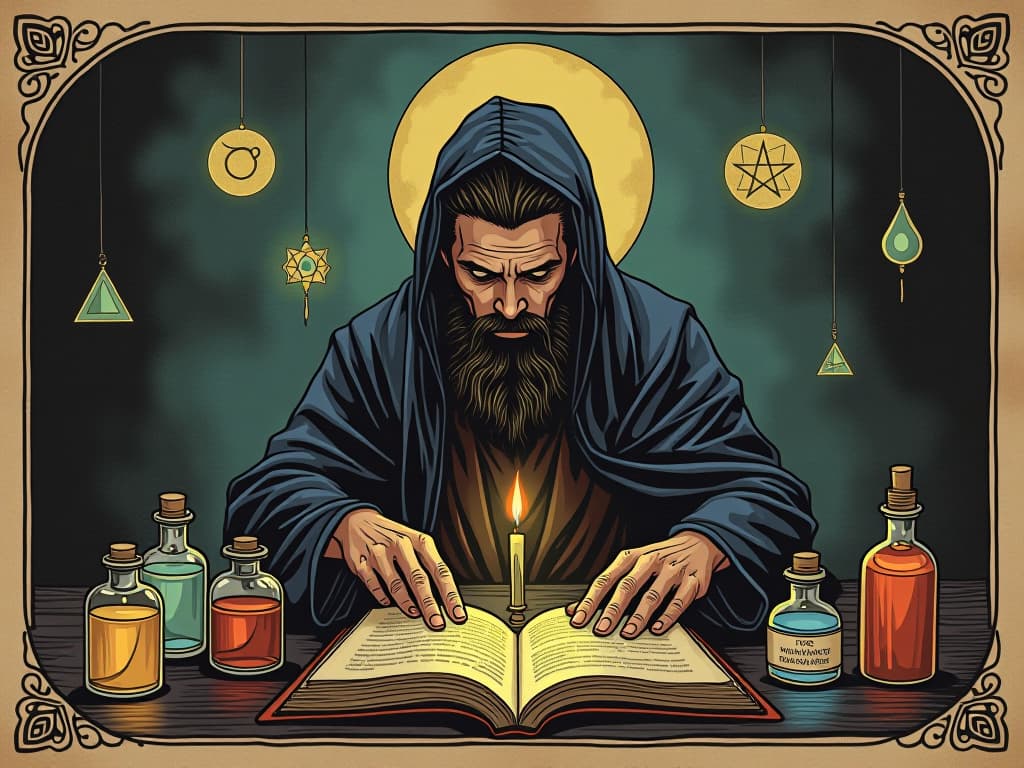  an alchemist, deep in thought, surrounded by potions and ancient texts, transmutation symbols glowing, focused, transformative, mystical. an illustration in the style of a worn, mystical old tarot trump card, mysterious and elements of surrealism. the colors are muted yet good contrast bring out an occult and esoteric vibe.