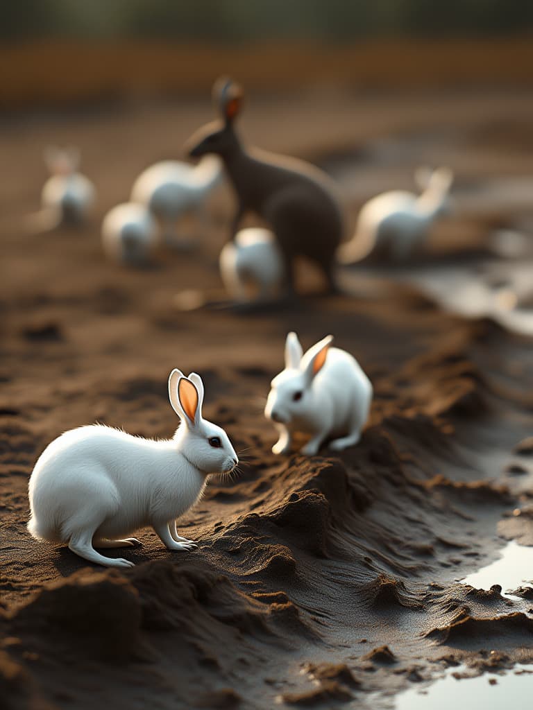  white rabbits are on the edge of mud, kangaroos are in the mud, and the mud in the background is surrounded by high gr。 photo realistic, highly intricate and detailed, masterpiece, ultra high res,photography,8k resolution