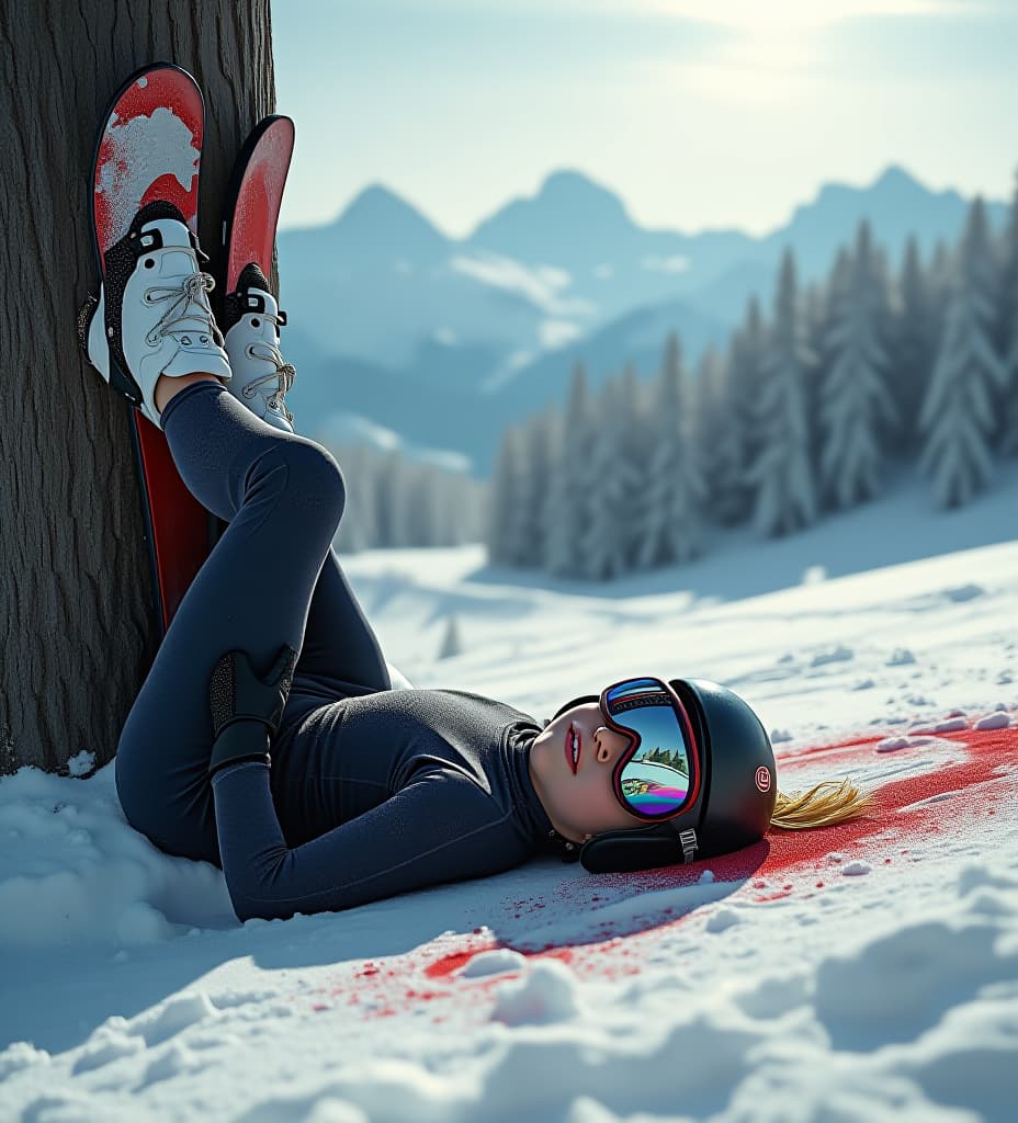  a girl wearing a tight skiing suit laying on the floor after crashing into a tree with a skiing mountain and a blood trail in the background