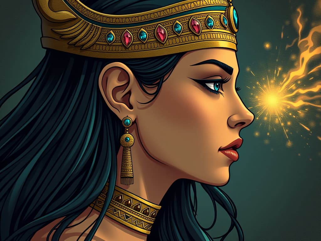  an intricately decorated golden ear, embedded with gems, with a whispering wind, symbolizing inner voice. the style is digital art illustration / modern comic book / mysterious occult, symbolic, esoteric vibe,high detail on character design, incorporating ancient egyptian symbology and attire.